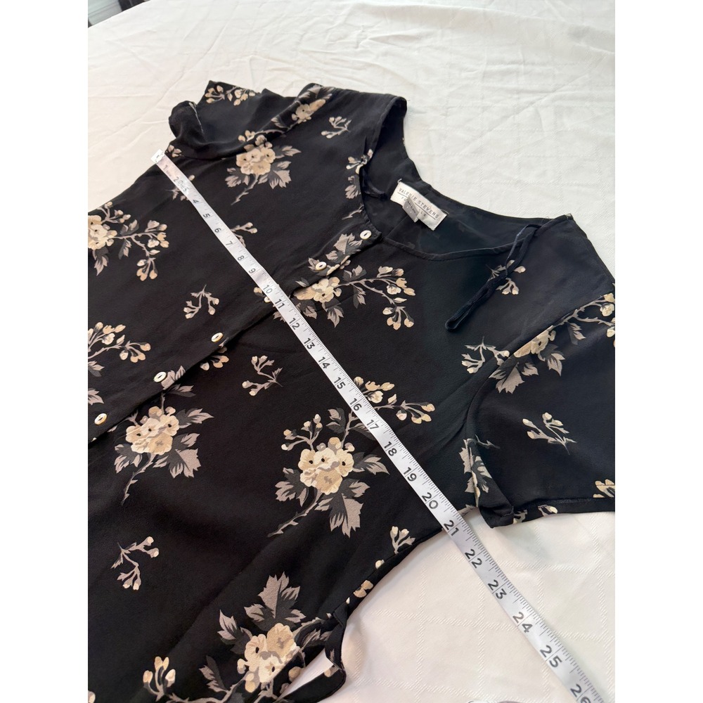Vintage 90s Valerie Stevens Pure Silk Black Floral Mini Dress Button Front 8 - Picture 6 of 8